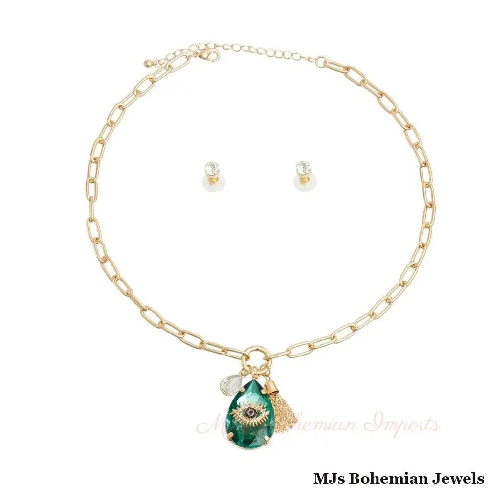 Green Crystal Teardrop Evil Eye Necklace