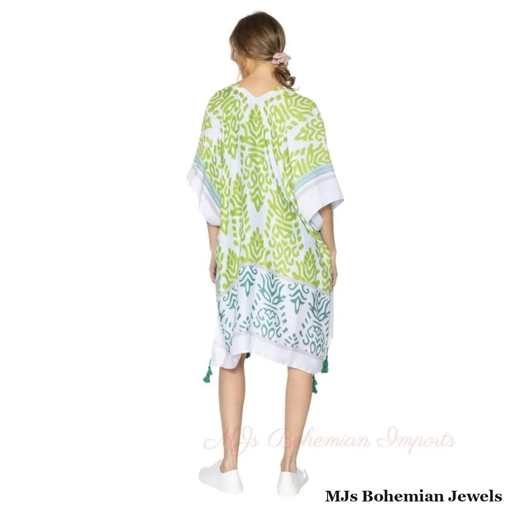 Green Damask Print Tassel Kimono