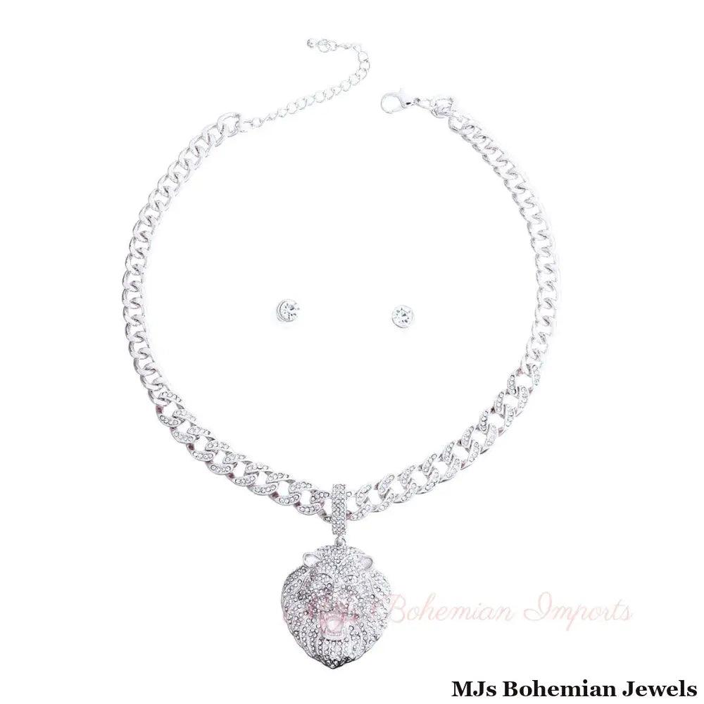 Iced Silver Cuban Chain Lion Necklace
