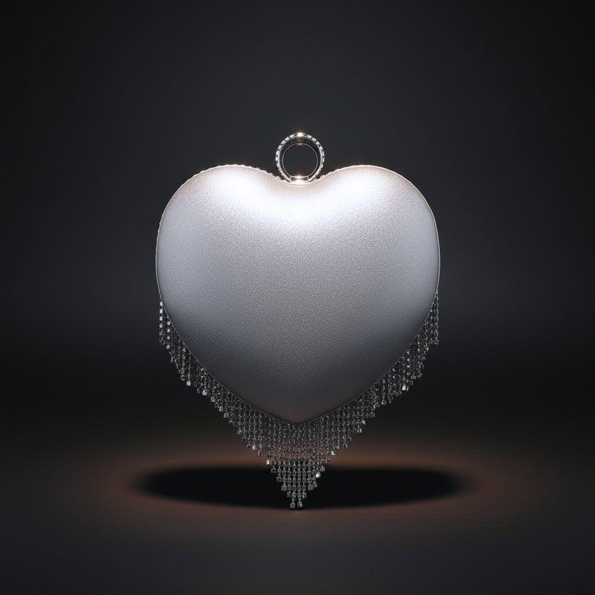Clutch Silver Rhinestone Fringe Heart Hardcase Bag