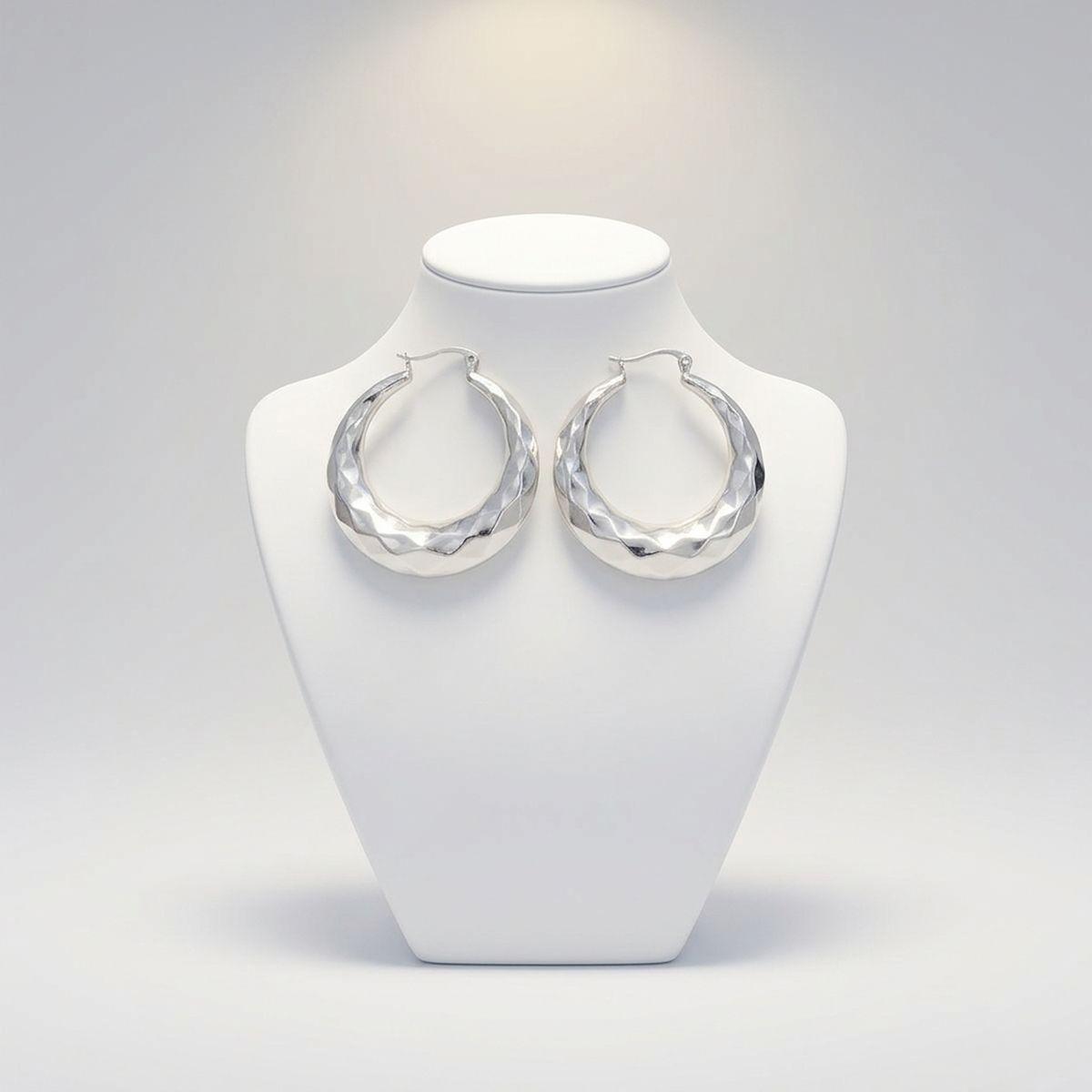 Hoop Silver Stainless Steel Diamond Cut Earrings