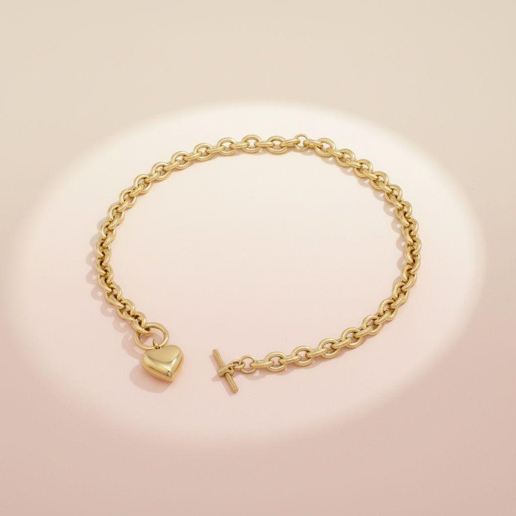 Gold 18K Steel Toggle Heart Rolo Chain Necklace