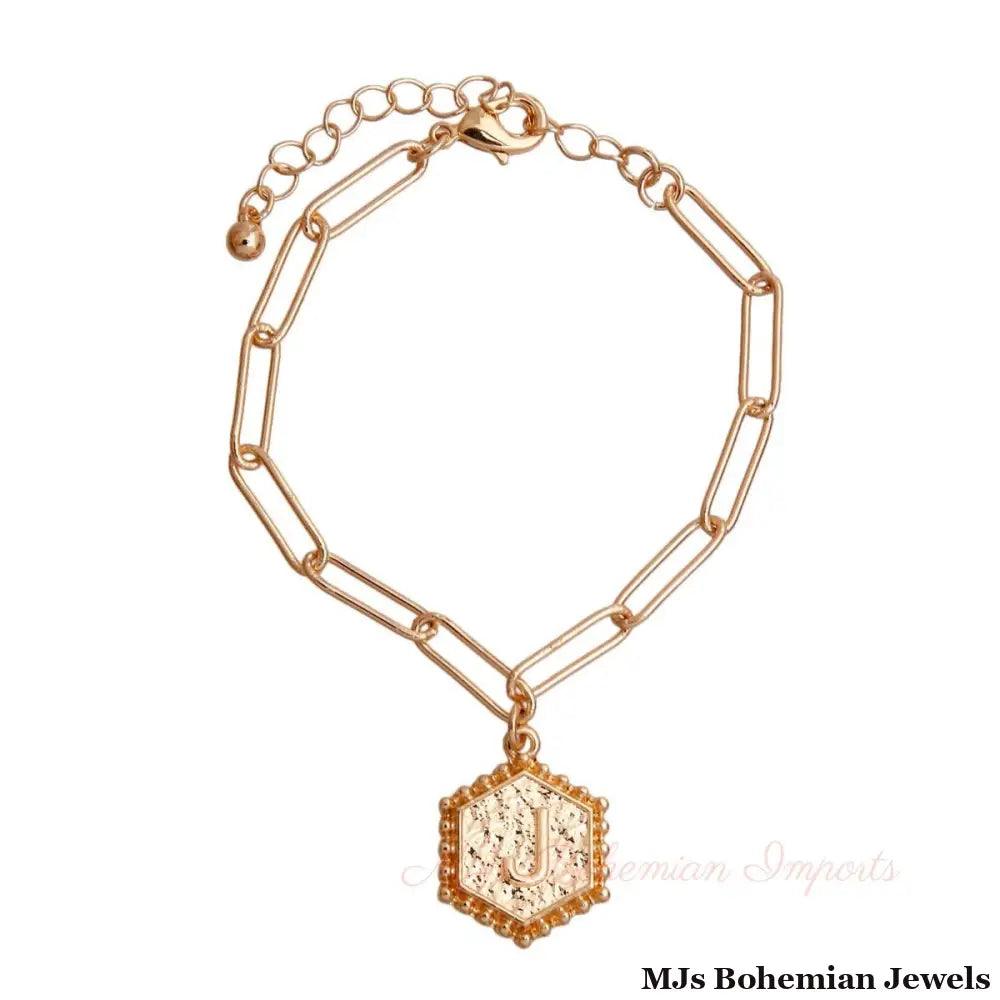 J Hexagon Initial Charm Bracelet
