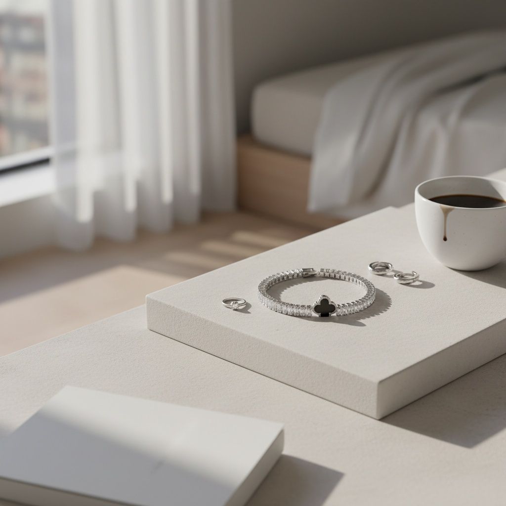 Tennis Silver CZ Baguette Black Quatrefoil Bracelet