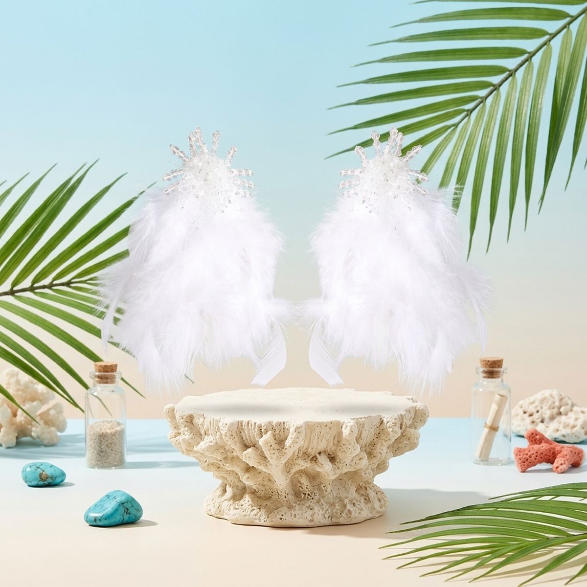 Clear Bead Cluster Long White Feather Drop Earrings
