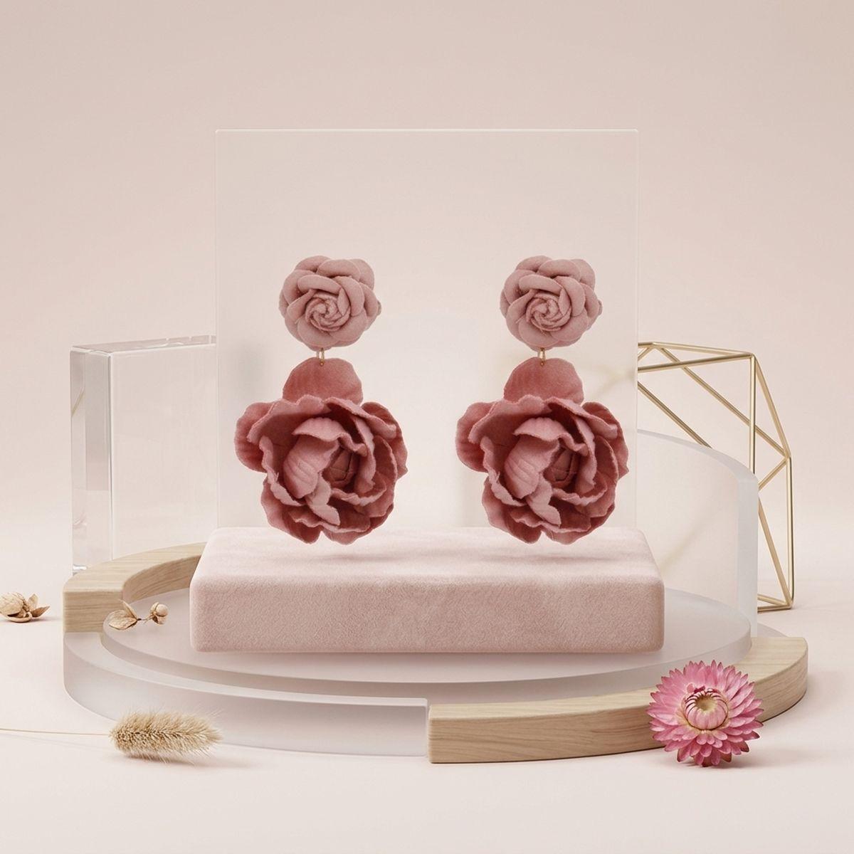 Drop Dusty Pink Double Rose Flower Felt Earrings