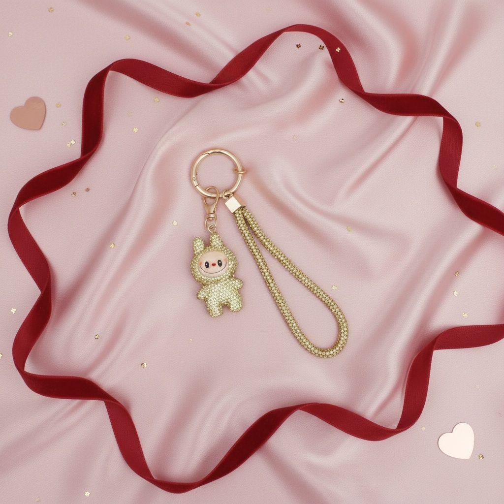 Rhinestone Phone Wrist Strap Gold Labubu Keychain