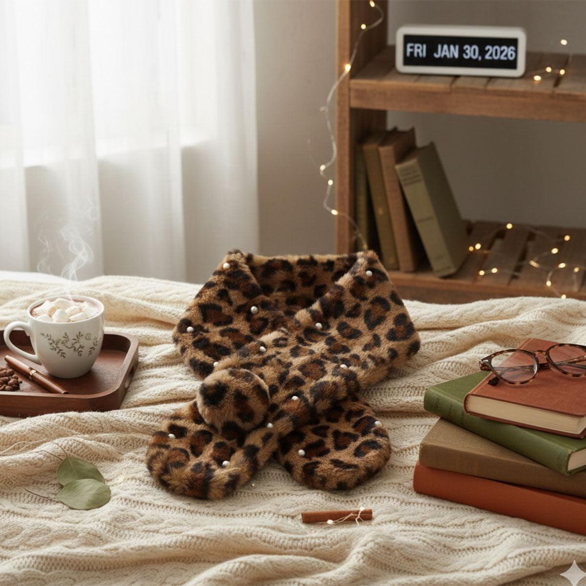 Scarf Luxe Faux Fur Leopard and Pearl Pull Thru