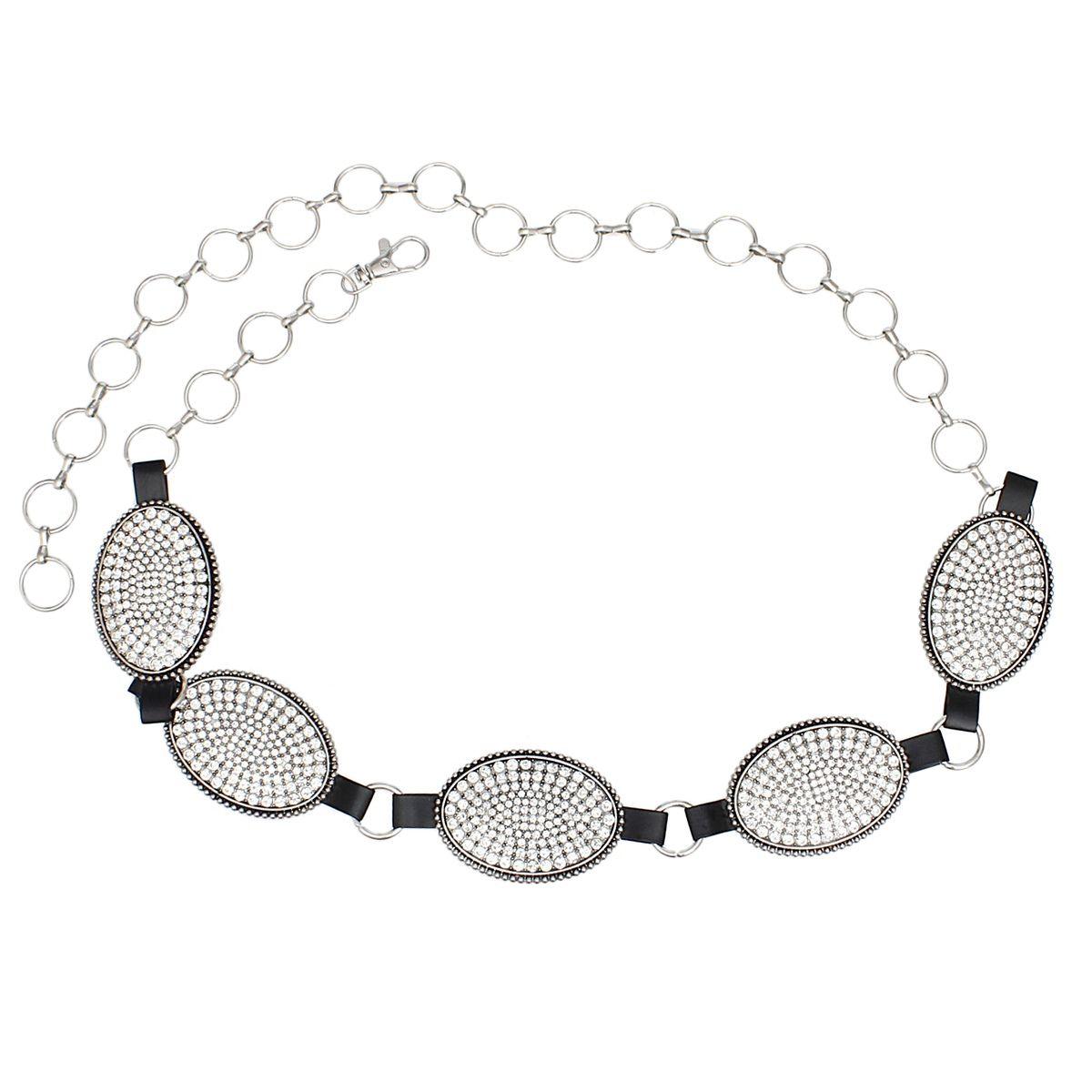 Western Belt Oval Rhinestone Cowboy Silver Chain