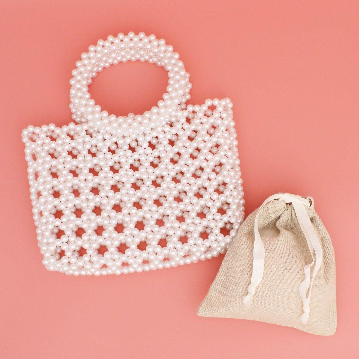 Top Handle Square White Pearl Woven Handbag