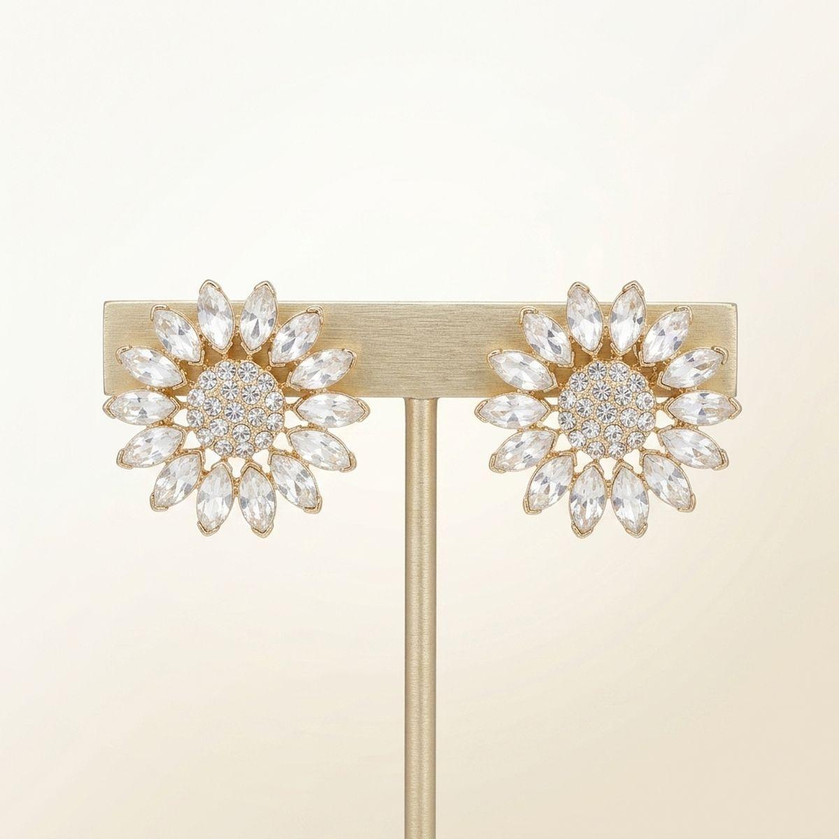 Clip On Gold Glass Crystal Sunflower Earrings