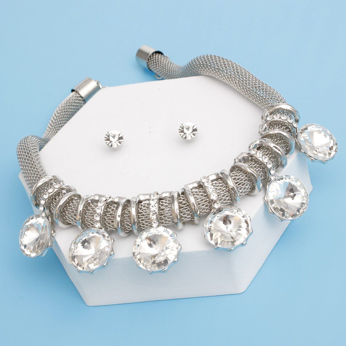 Choker Silver Mesh Round Crystal Slide Necklace