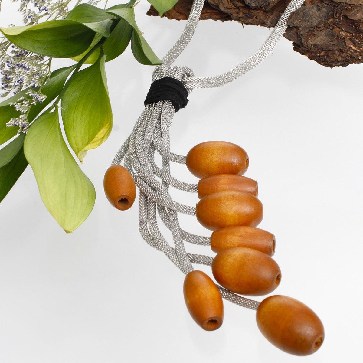 Tassel Silver Mesh Brown Wooden Bead Necklace