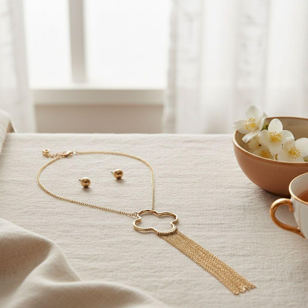Pendant Gold Trending Quatrefoil Fringe Necklace