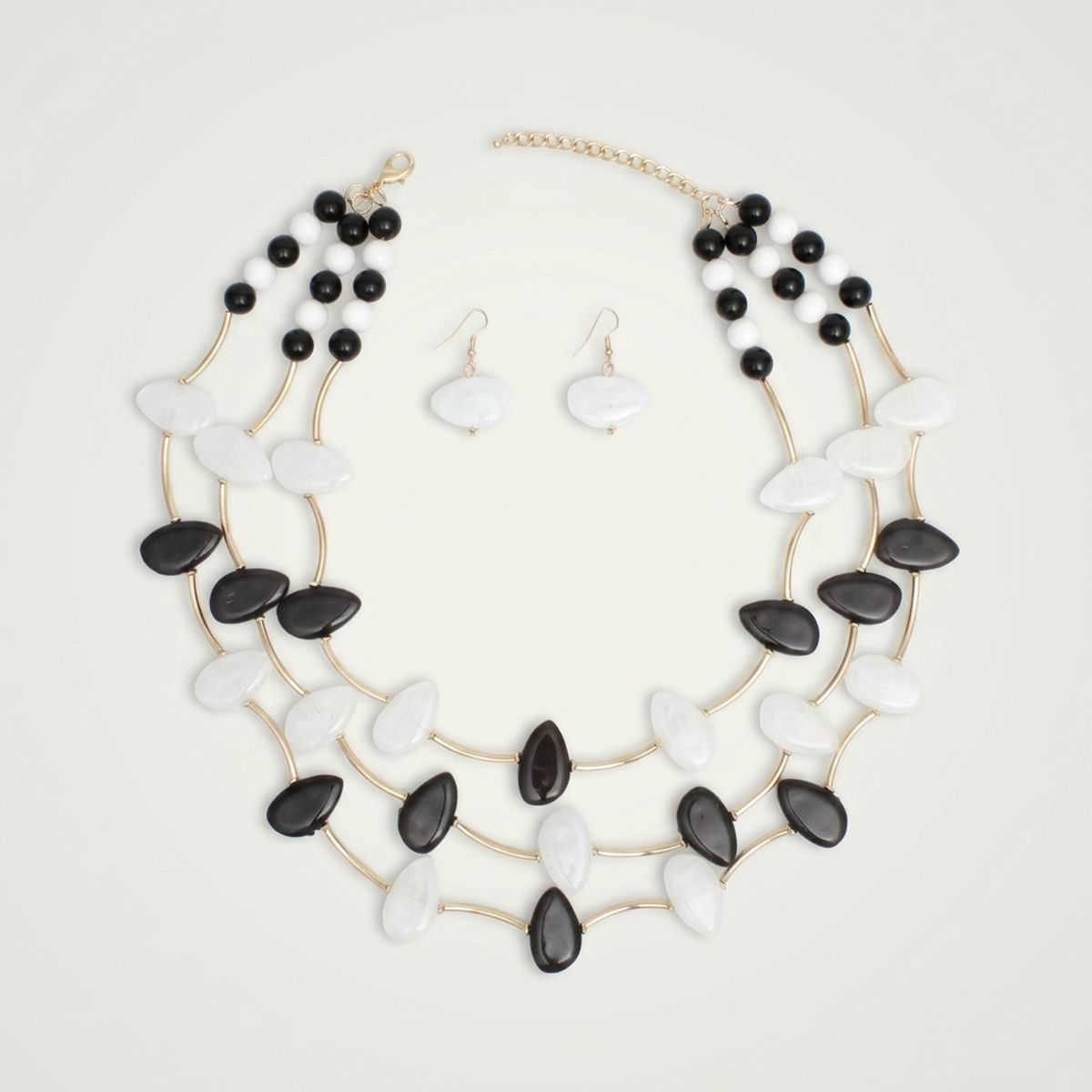 Layered Black and White Gold Tube Bead Necklace