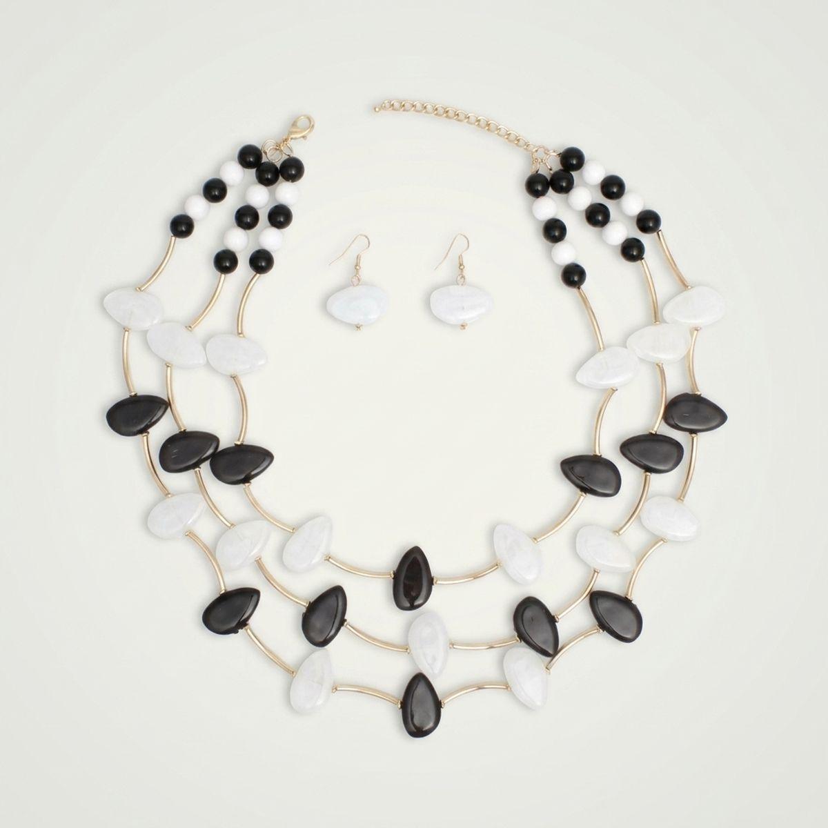 Layered Black and White Gold Tube Bead Necklace