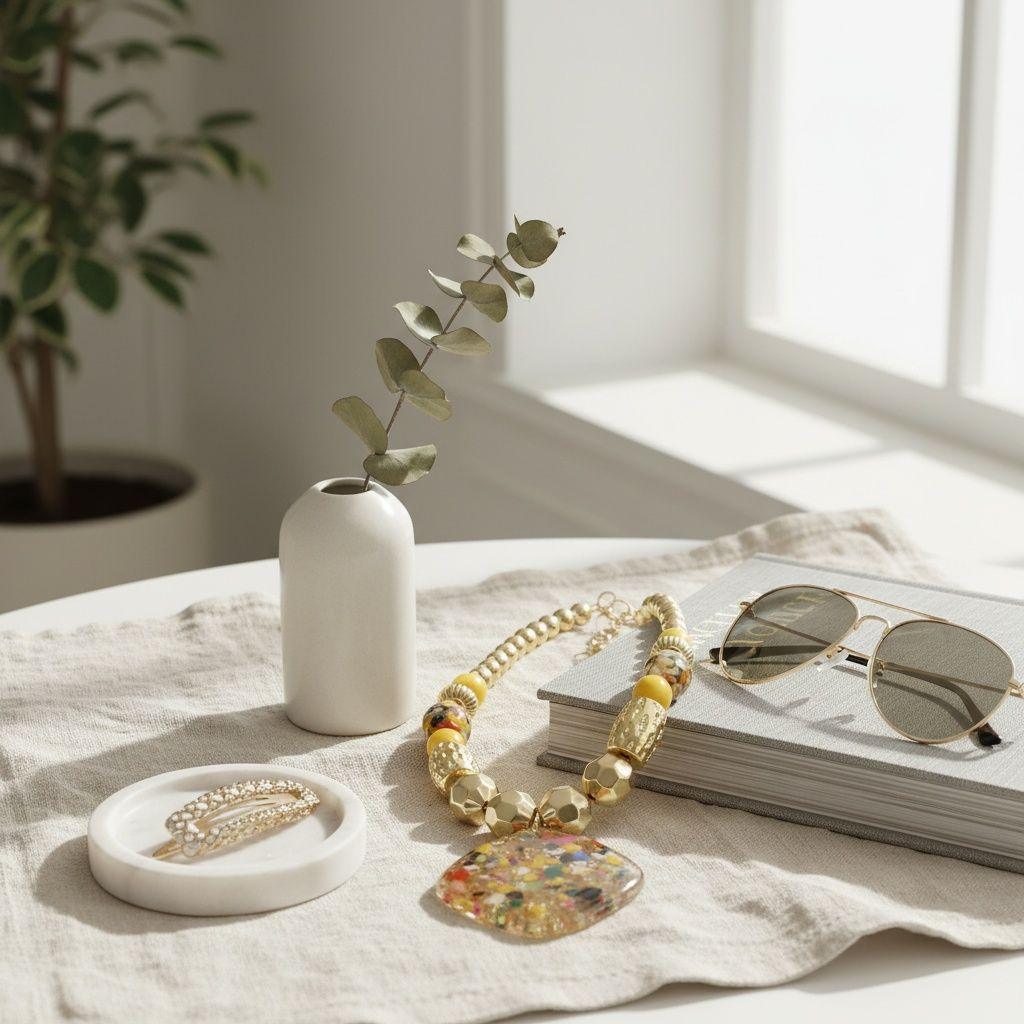 Pendant Confetti Resin Yellow Gold Bead Necklace