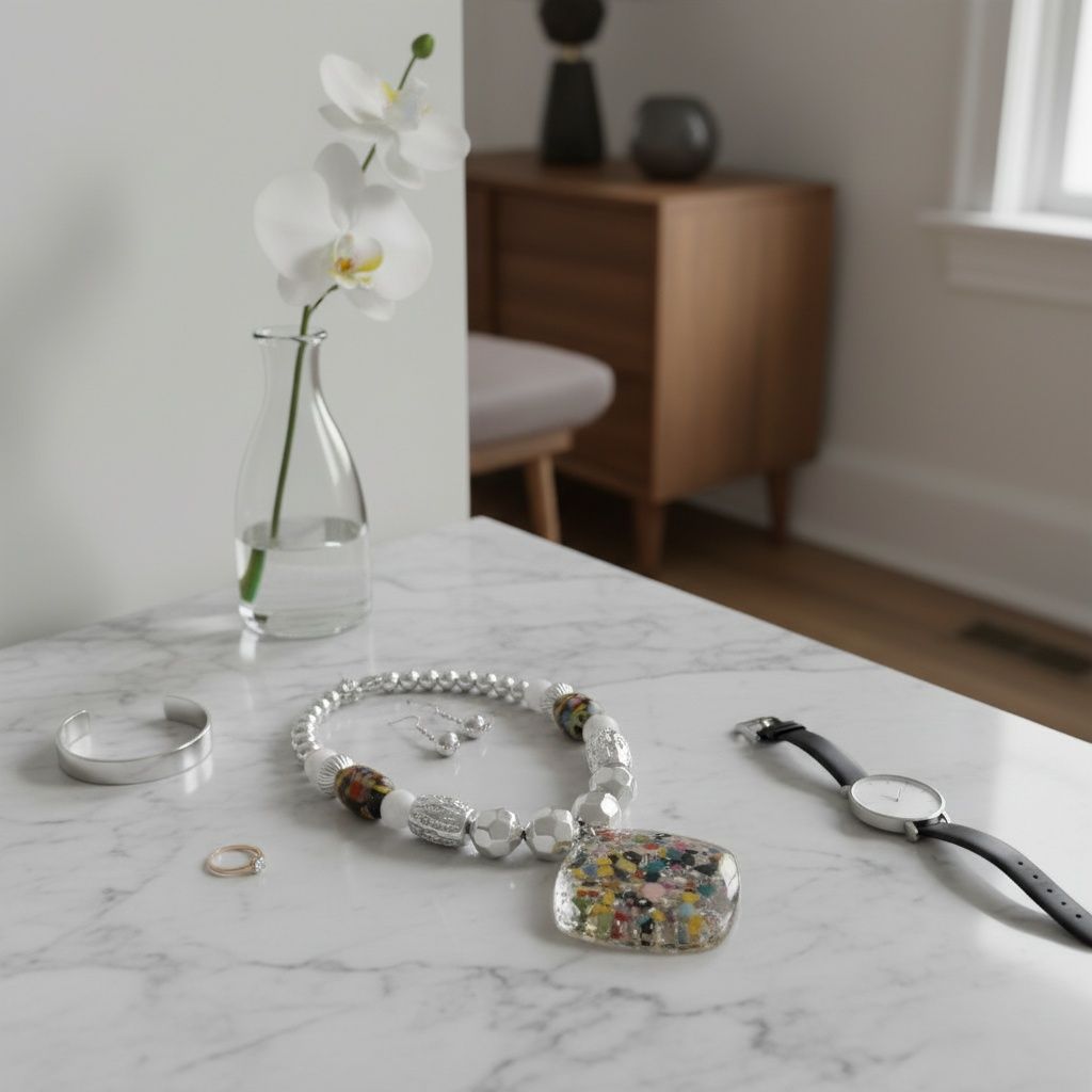 Pendant Confetti Resin White Silver Bead Necklace