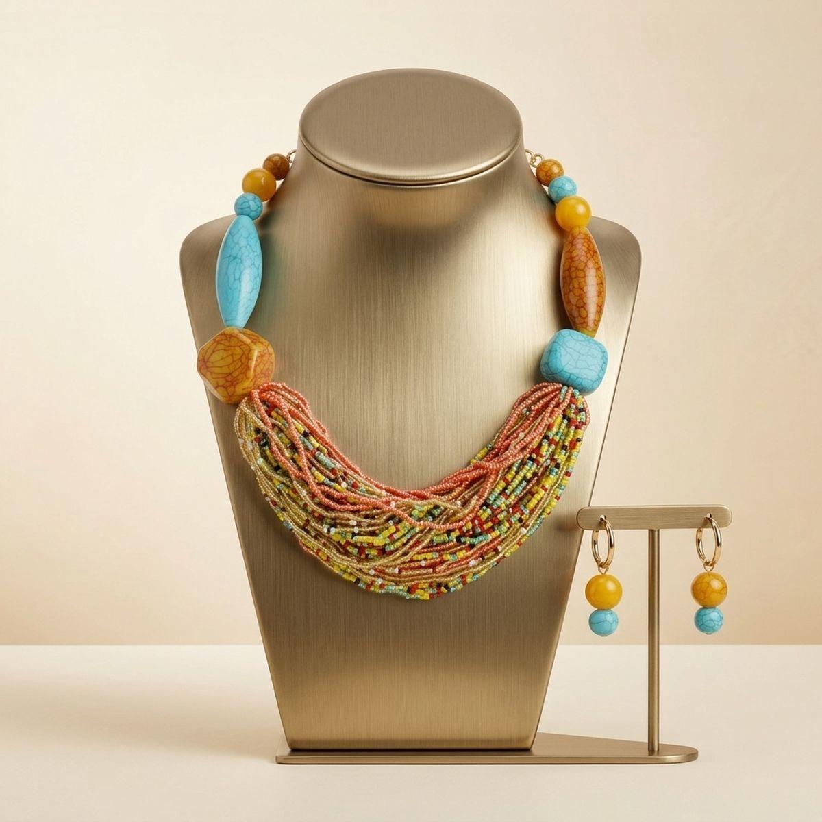 Long Fuchsia Stripe Mixed Elements Link Necklace