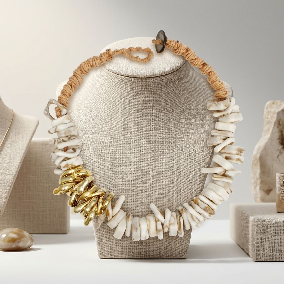 Tribal Stacked Ivory Squares Leather Necklace