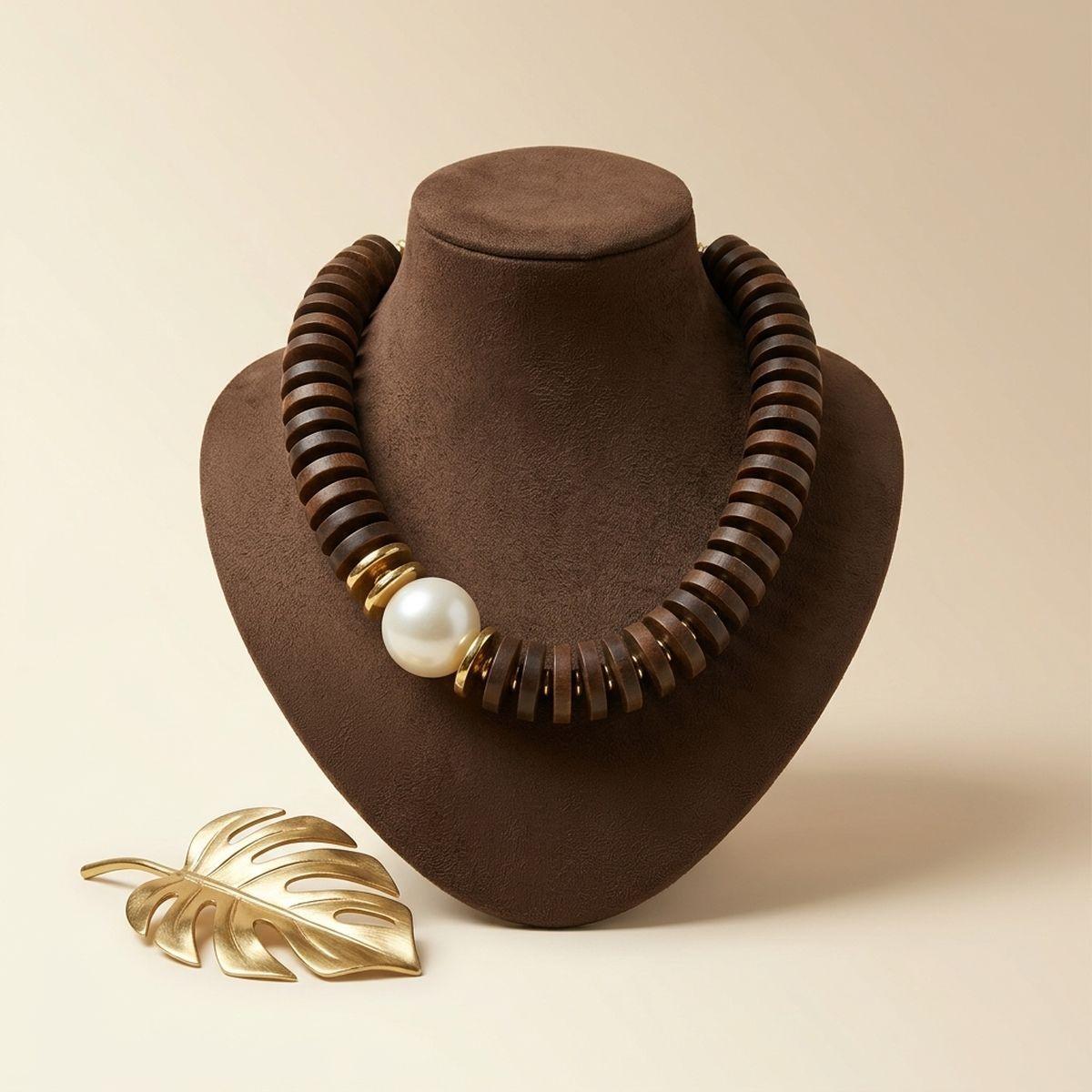 Beaded Brown Wood Disc Milky Pearl Chunky Necklace