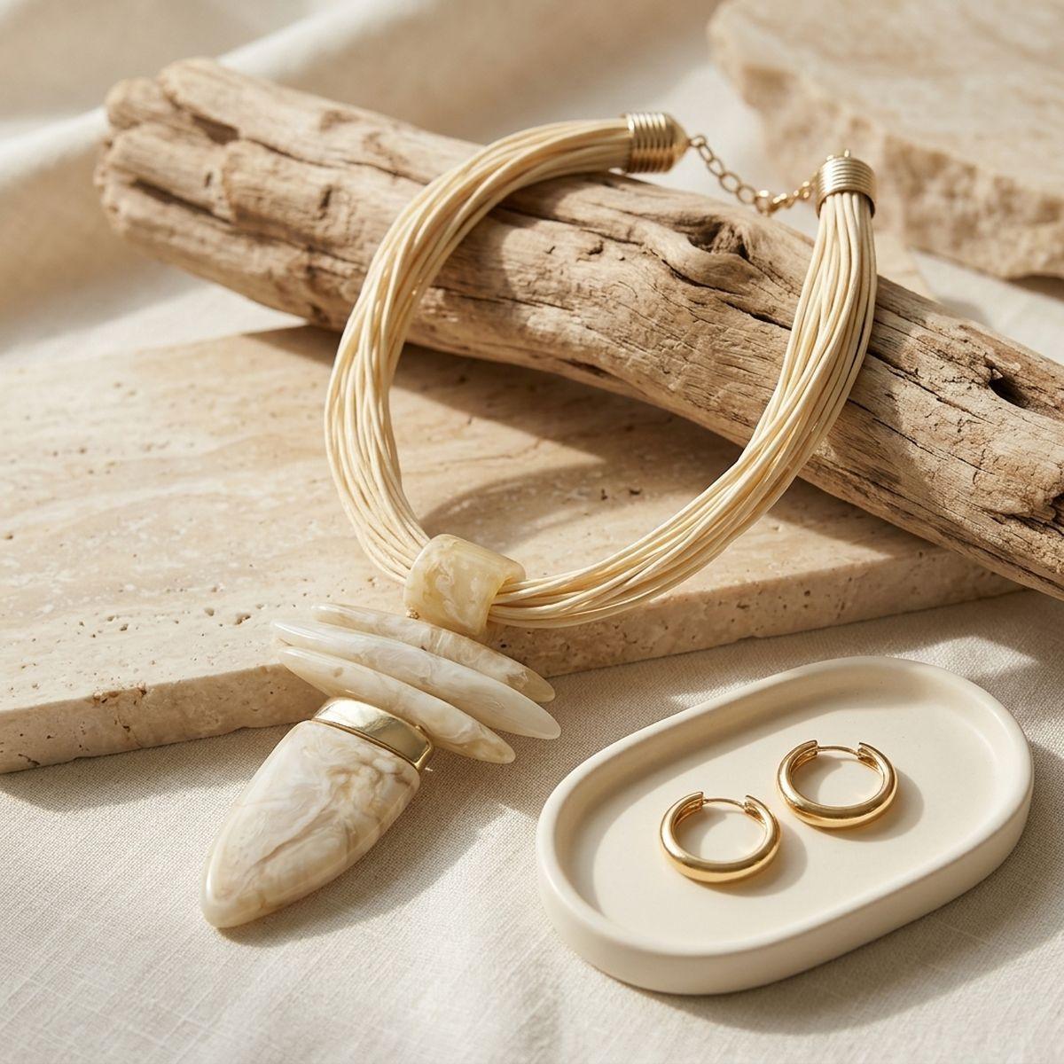Ivory Marbled Horn Pendant Multi Cord Necklace