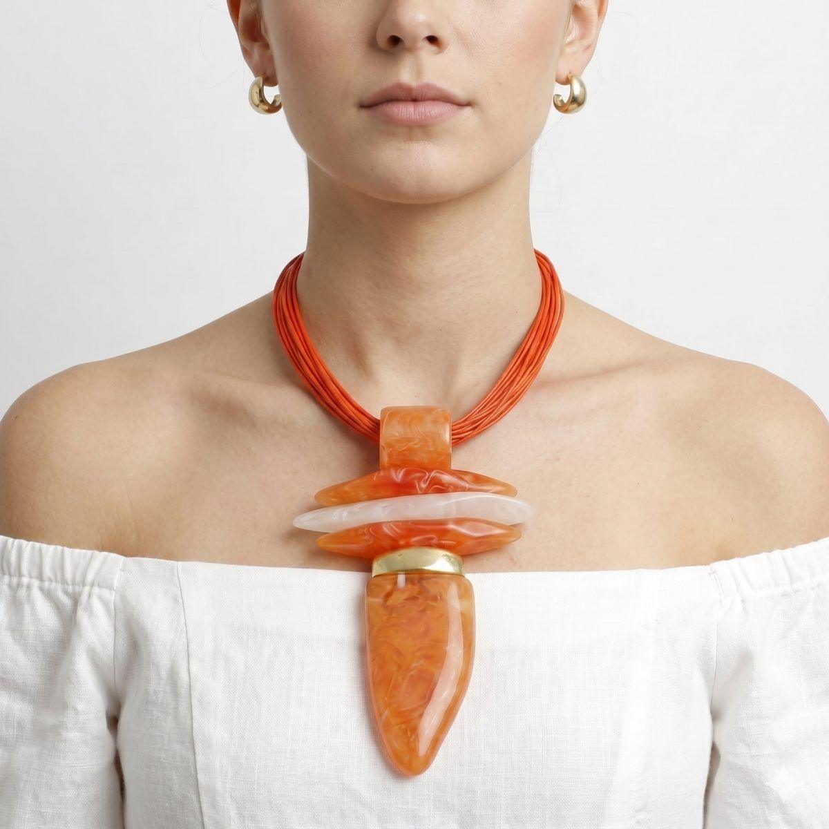Bold Orange Marbled Horn Pendant Cord Necklace