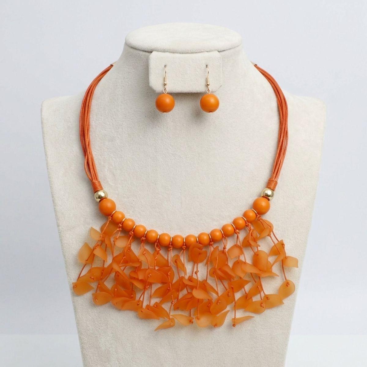 Orange Cascading Leaves Beaded Cord Necklace