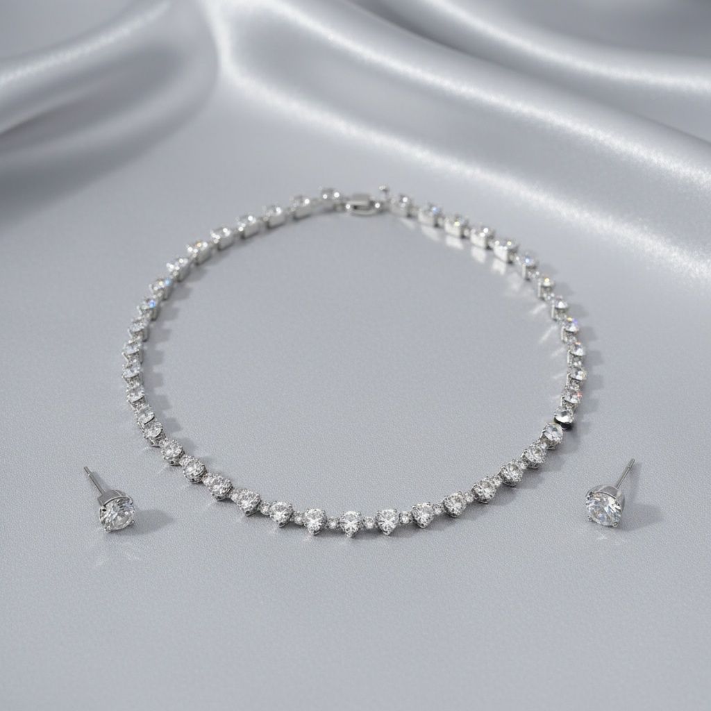 Tennis Heart Crystal CZ Silver Memory Wire Necklace