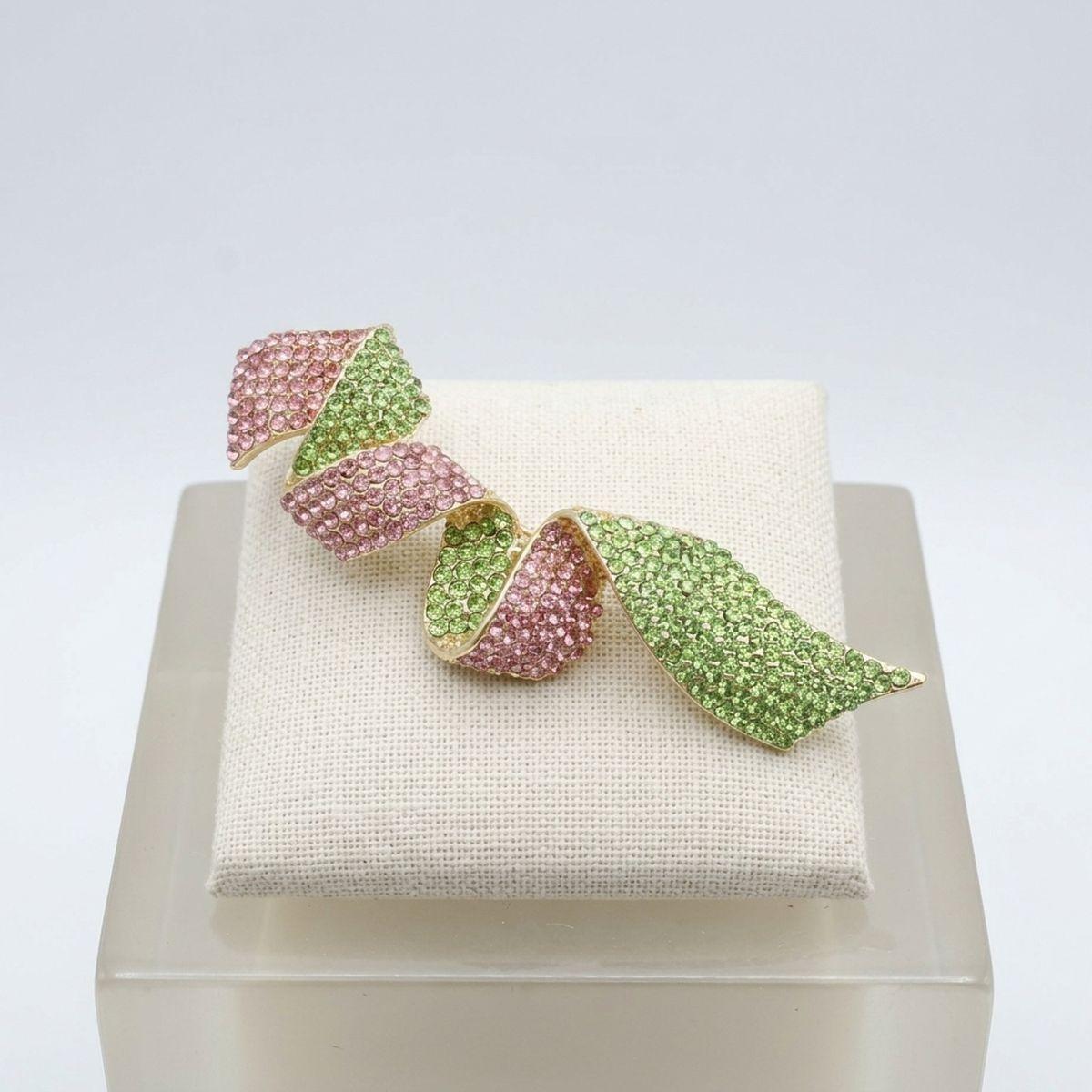 Encrusted Brooch AKA Pink Green Flowy Ribbon Pin