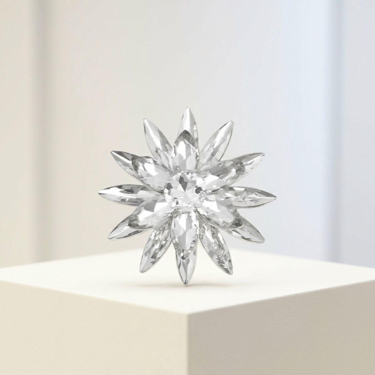 Oversize Brooch Silver Marquise Crystal Flower Pin
