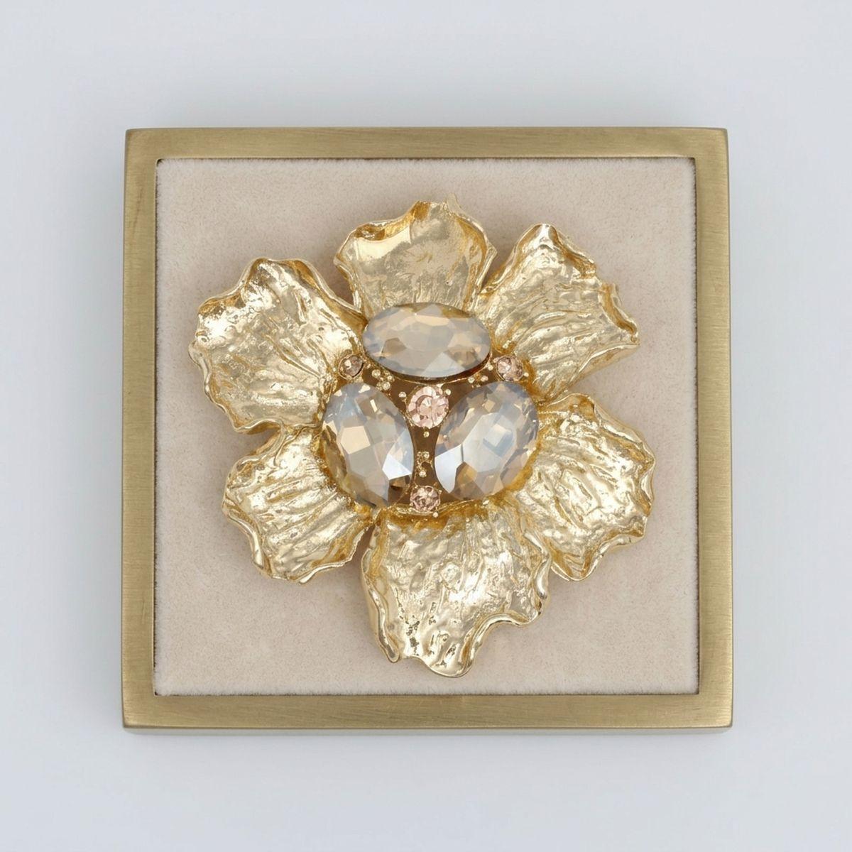 Oversized Brooch Gold Flower Brown Crystal Pin