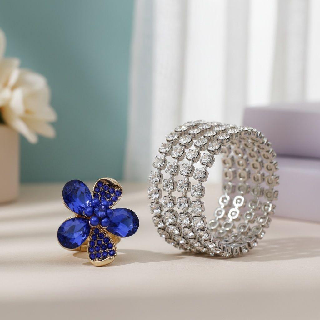 Cocktail Ring Blue Teardrop Crystal Flower Design