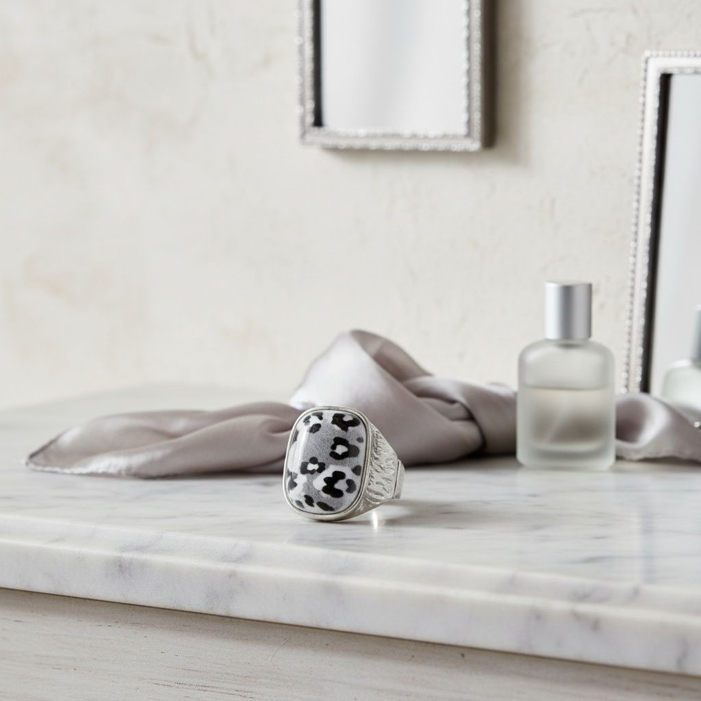 Domed Gray Leopard Stretch Silver Cocktail Ring