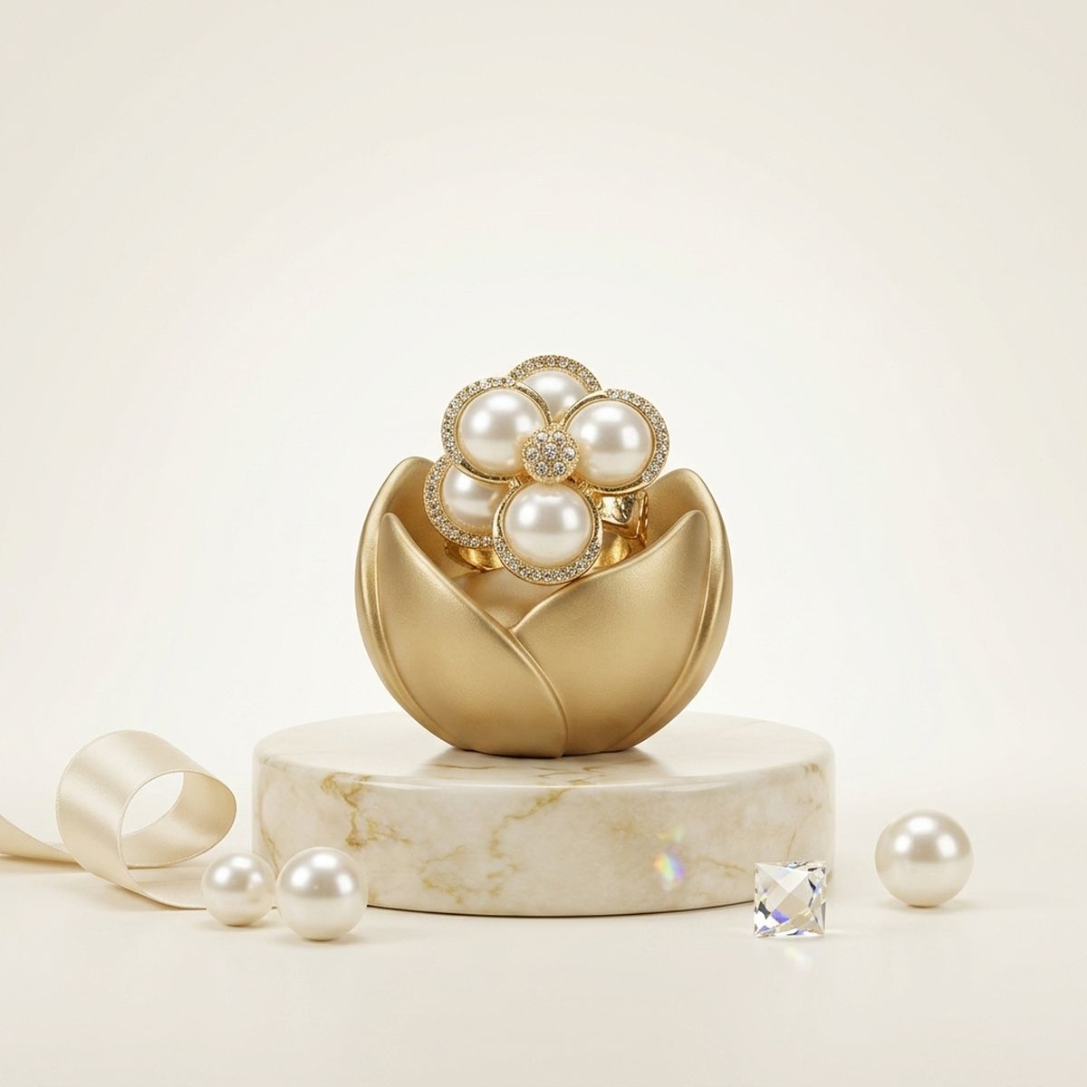 Cocktail Gold Stacked Pearl Dome Pave Ring