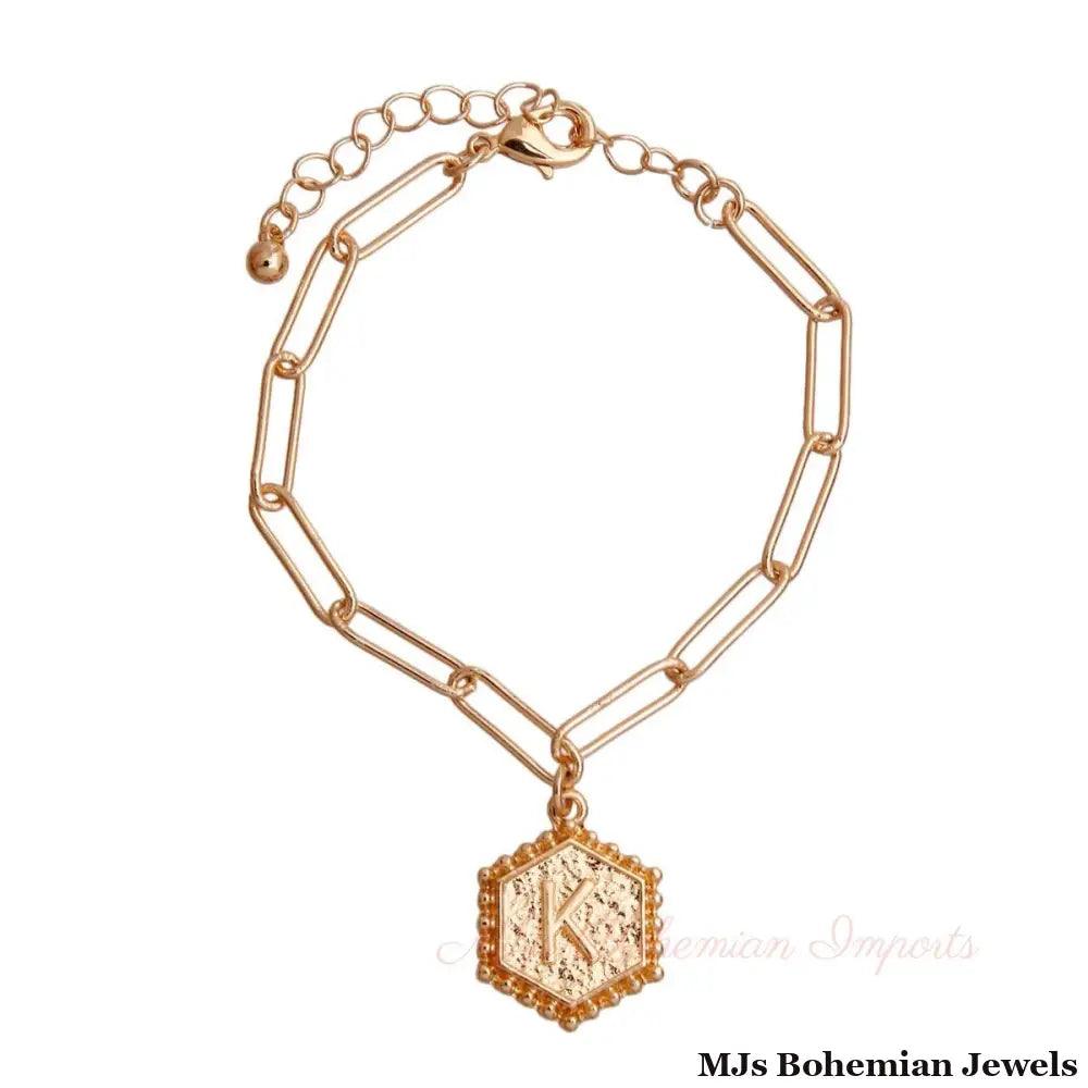 K Hexagon Initial Charm Bracelet