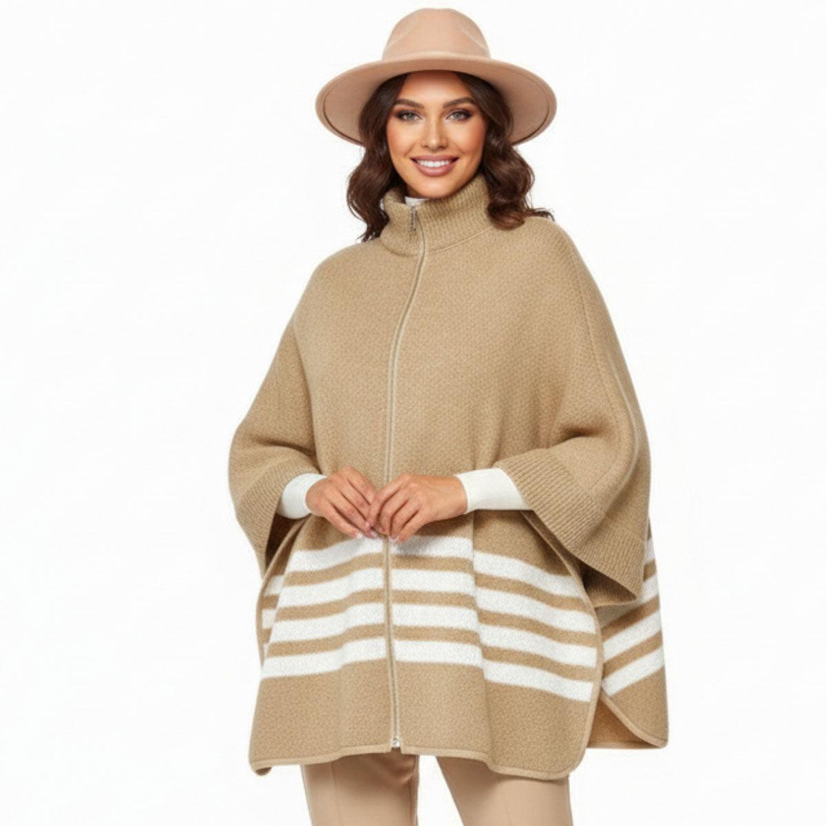 Camel Stripe Classy Zipper Kimono