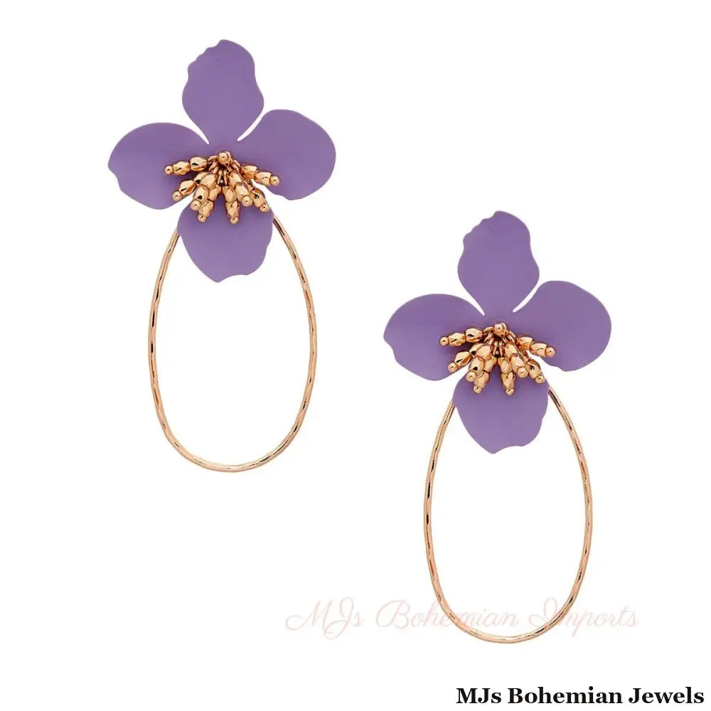 Lavender Flower Teardrop Hoops