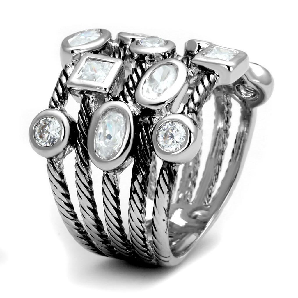 LO4083 - Rhodium Brass Ring with AAA Grade CZ in Clear