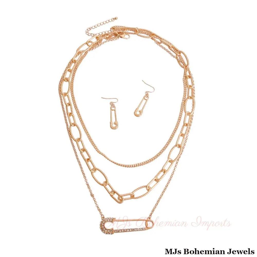 Long Layered Gold Chain Pin Necklace