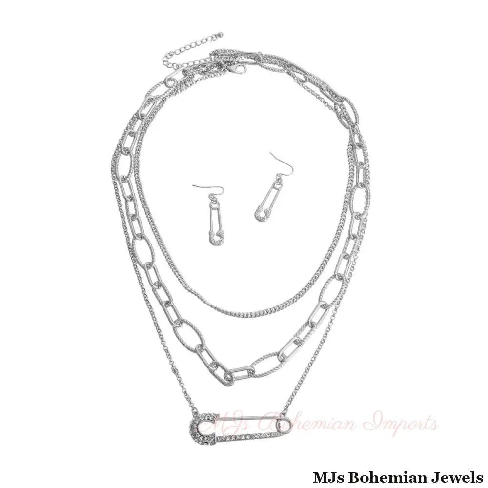 Long Layered Silver Chain Pin Necklace