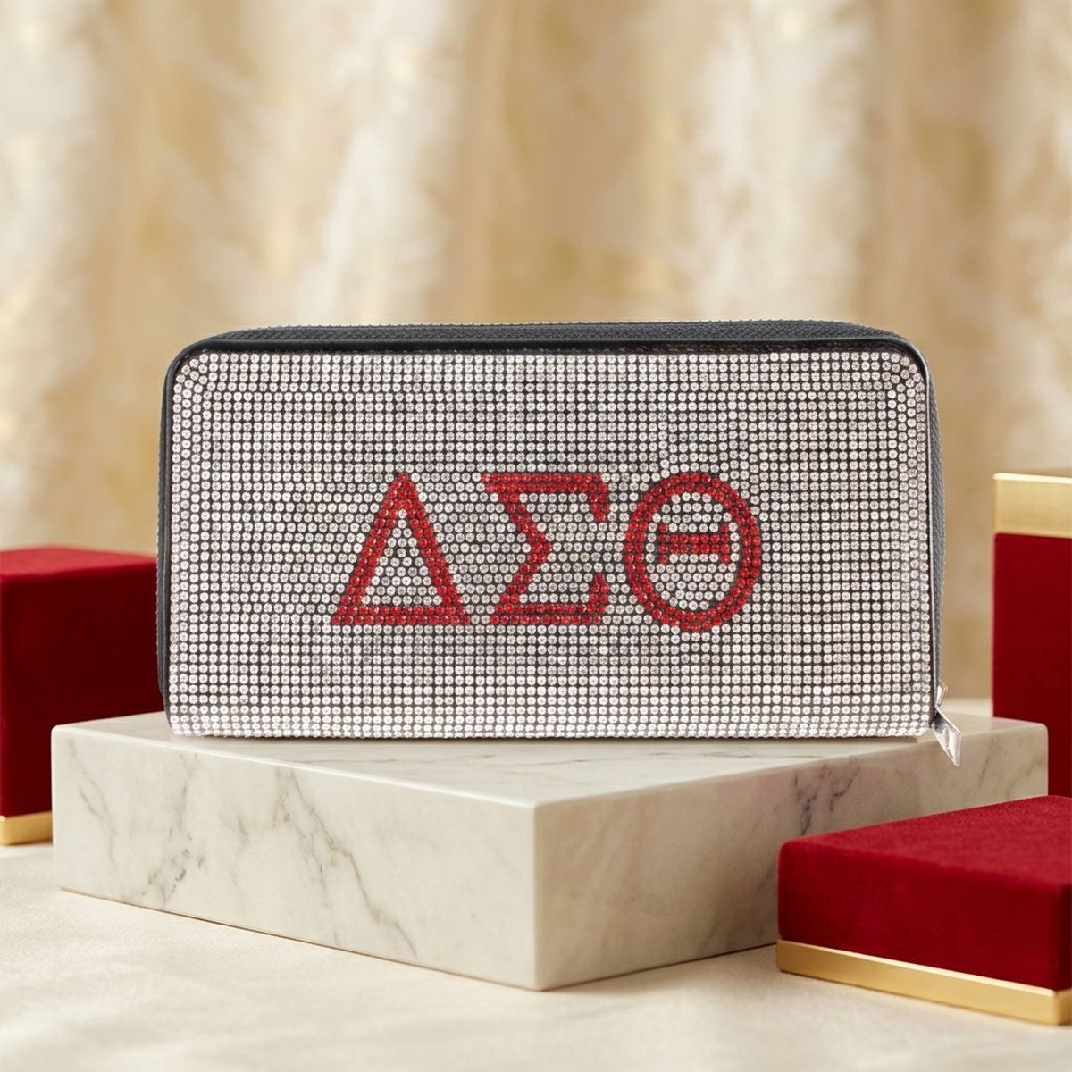 DST Greek Rhinestone Encrusted Zipper Wallet