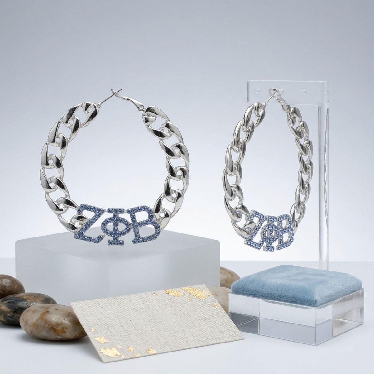 ZPB Blue Rhinestone Silver Chain Hoop Earrings