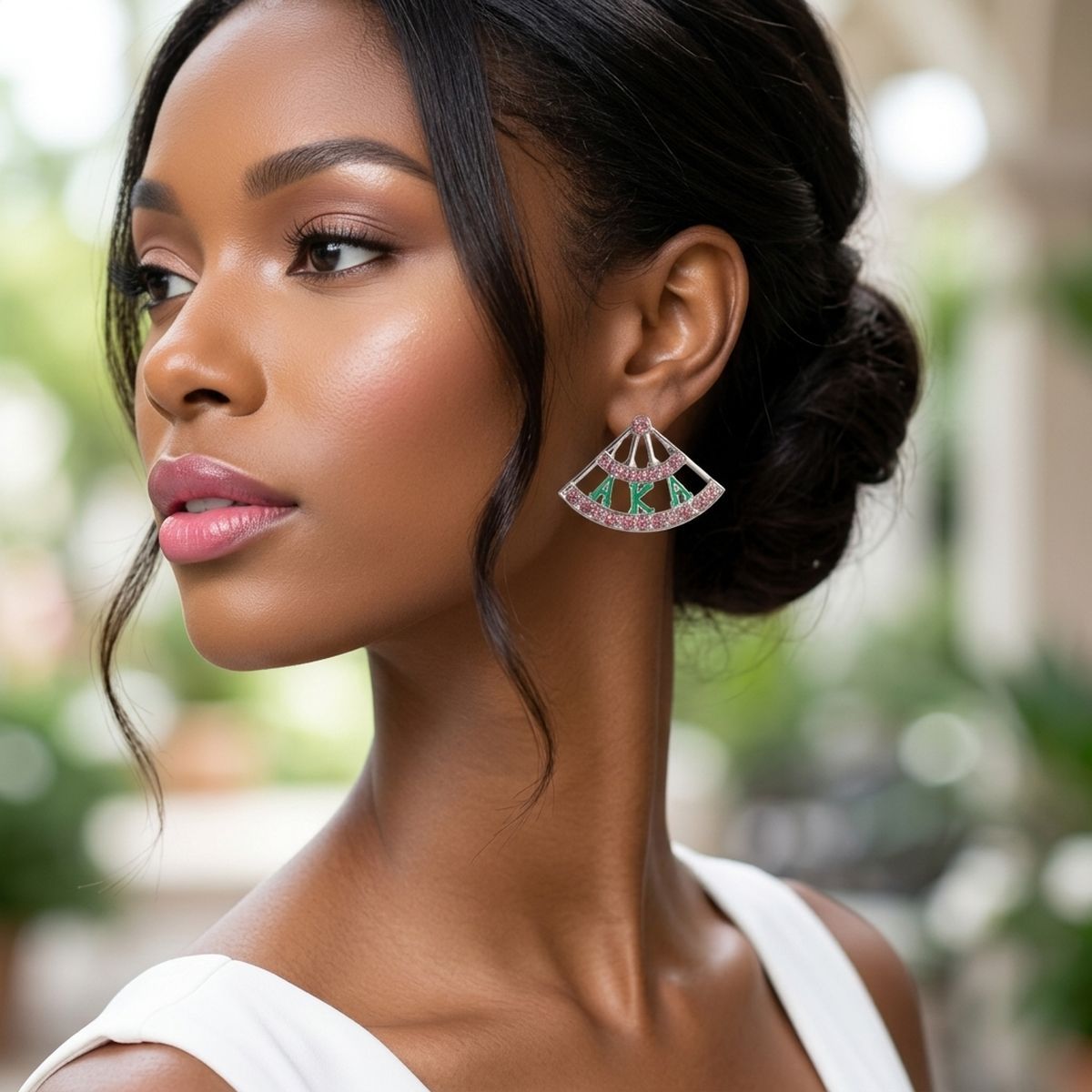 AKA Sorority Greek Pink Green Fan Stud Earrings