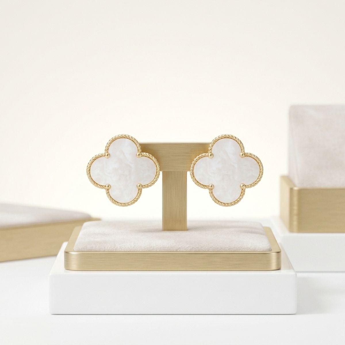 Stud Large Cream and Gold Quatrefoil Earrings