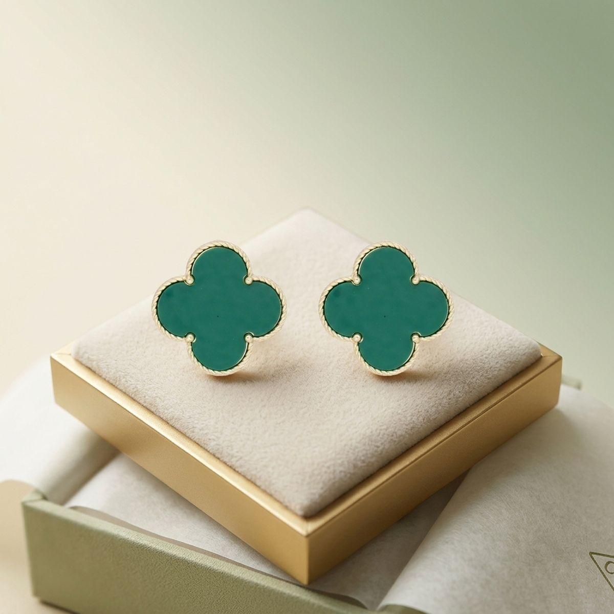 Stud Large Green and Gold Quatrefoil Earrings