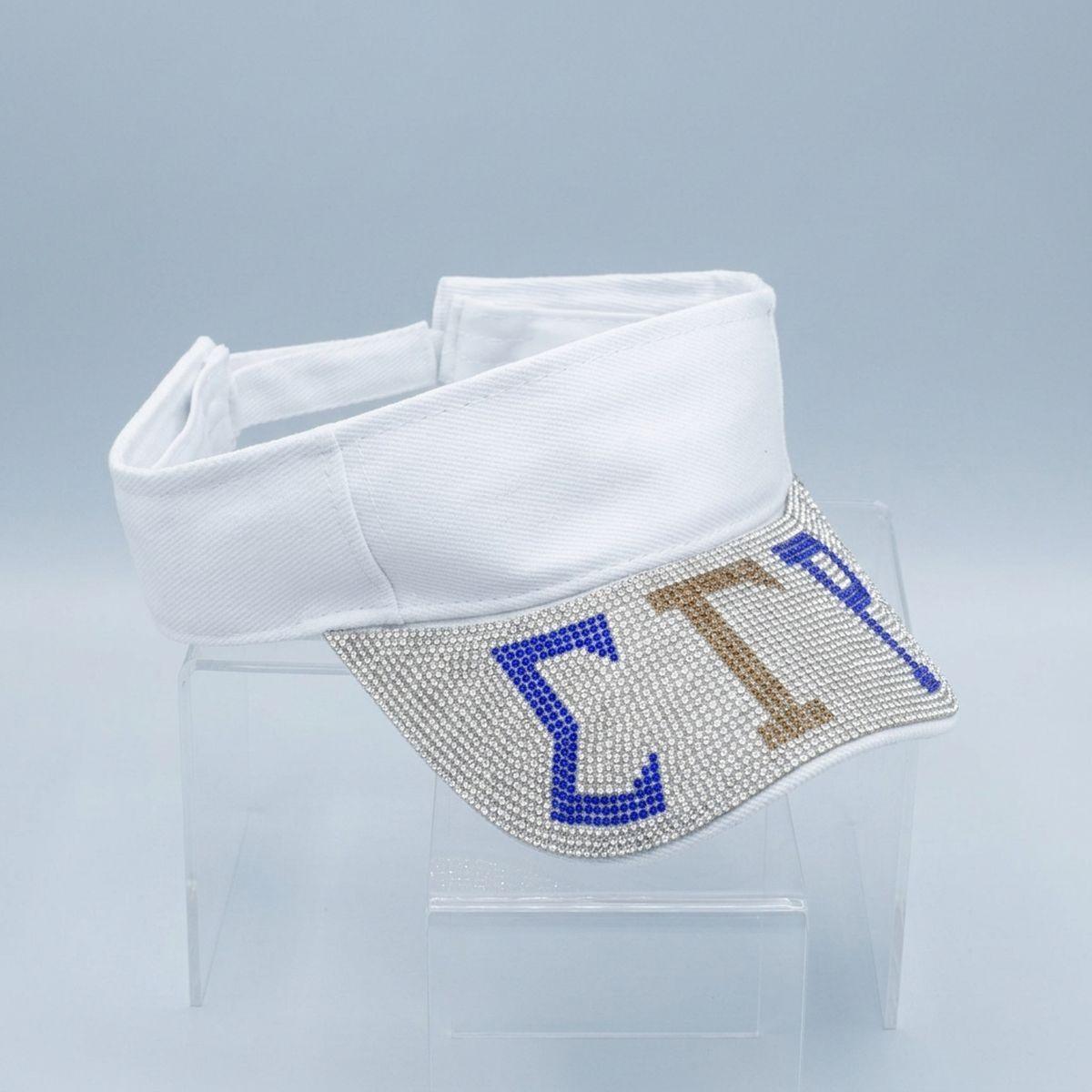 SGRHO White Canvas Greek Rhinestone Brim Visor Hat