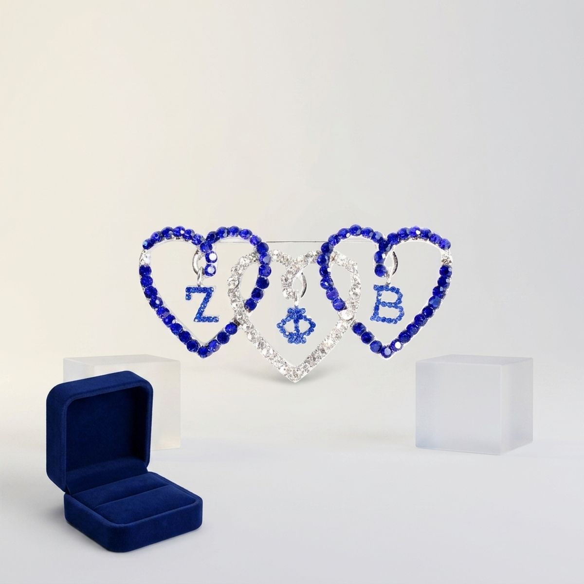 ZPB Blue and Clear Triple Heart Rhinestone Brooch