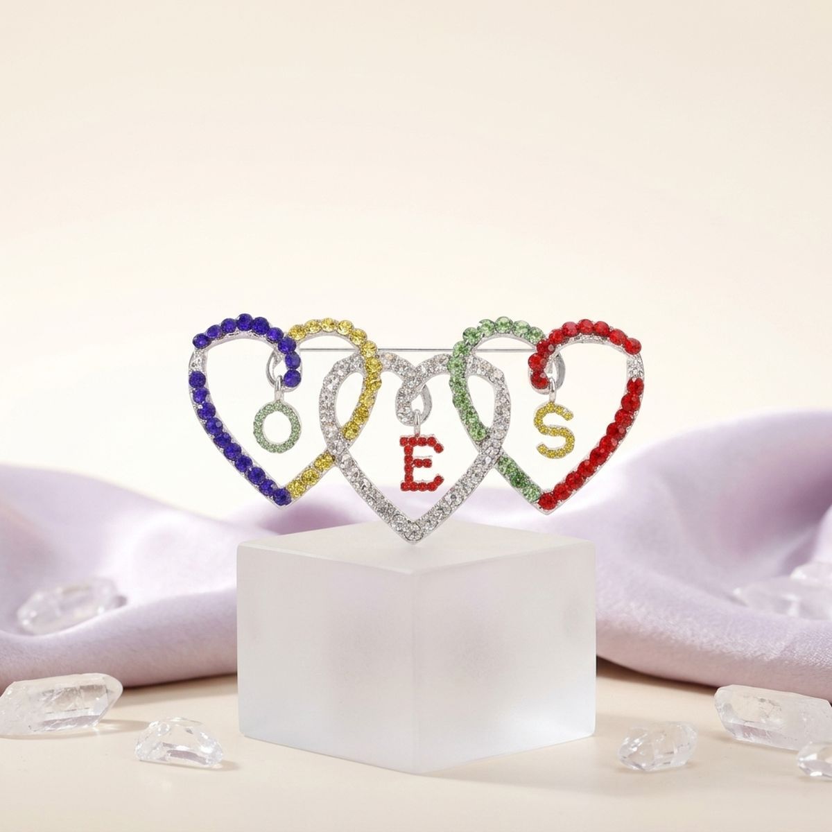OES Multicolor Triple Heart Rhinestone Brooch