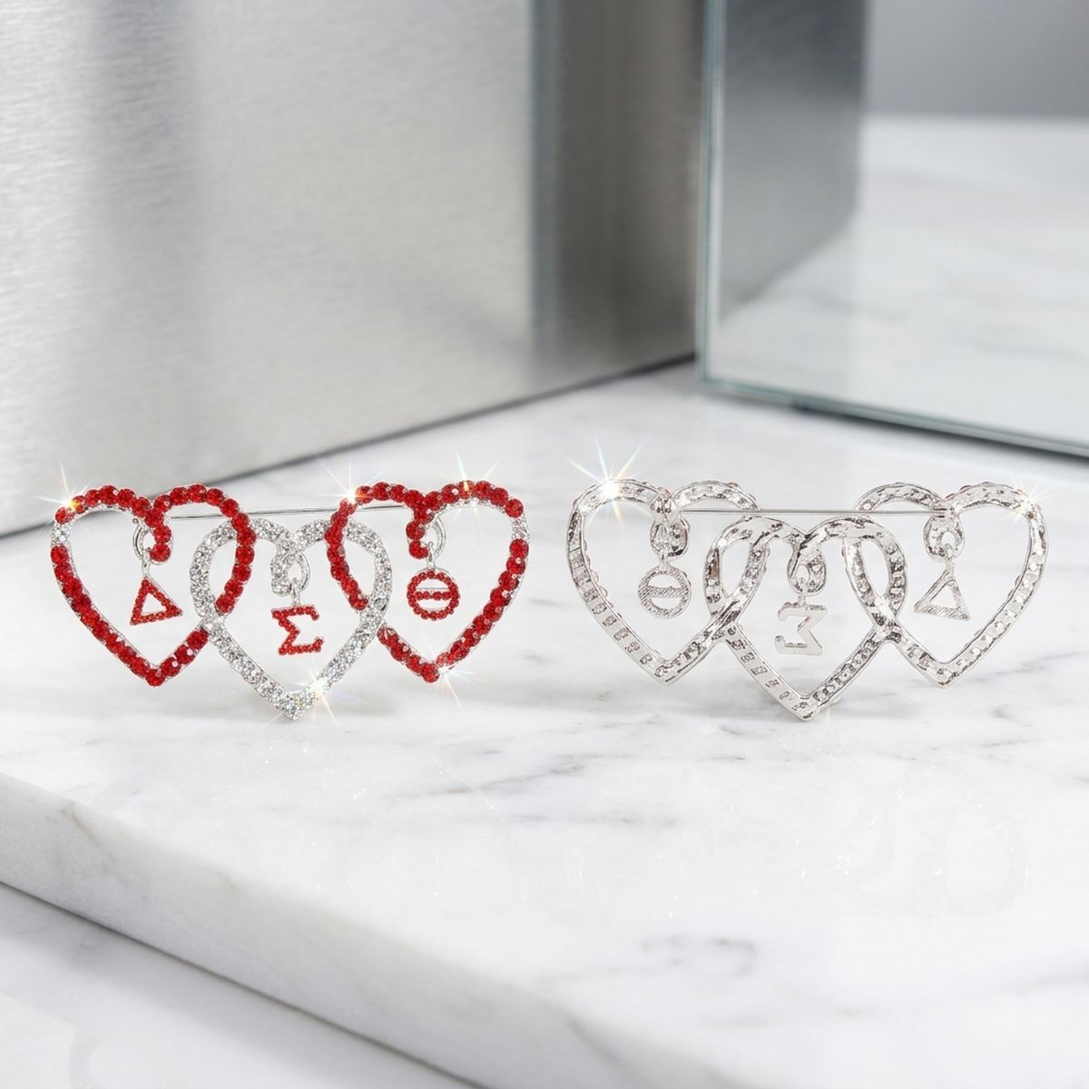 DST Red and Clear Triple Heart Rhinestone Brooch